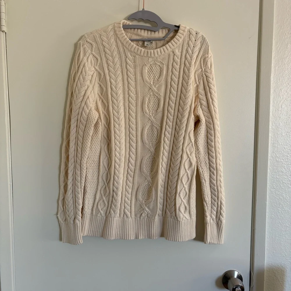 L.L Bean Cream Cable Knit Sweater Women’s Size L 100% Organic Cotton Fisherman - Picture 1 of 8